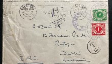 1939 envelope from Tristan Da Cunha to Dublin, Ireland with 1½d Dublin Postage Due mark + Ireland ½d emerald & 1d red postage due stamps