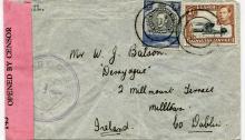 1940 Kenya Uganda & Tanganyika multi censored airmail envelope addressed to Dublin franked 30c & 1/- adhesives tied dumb cancellation dated '3 AP 40' Large triple circle 'MILITARY CENSOR * / 1' struck in violet. Partly over-stamped by Irish censor seal.