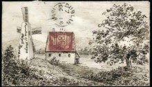 1858 Exquisitely drawn pen & ink design, addressed to the Countess of Mayo, 1d red envelope depicting 'Countryside scene showing farm and windmill'