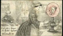 1858 Exquisitely drawn pen & ink design, addressed to the Lady Bourke, being one & the same person, 1d pink stationery envelope depicting 'Lady lighting an oil lamp'