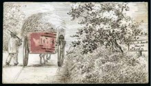 1858 Exquisitely drawn pen & ink design, addressed to the Lady Bourke, being one & the same person, 1d Red envelope depicting 'Countryside scene showing farmer and hay cart'