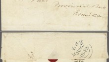 1841 1d red-brown on bluish, plate 22, lettered RK, with good to enormous margins including large parts of all neighbouring stamps, tied by black Maltese Cross, with a two-line "KIS II / PENNY POST" handstamp in blue; the reverse features a double-ring "KESH" despatch (July 22, 1842) in blue and "ENNISKILLIN" arrival c.d.s. in black from the same day.