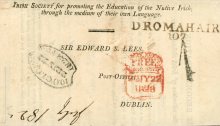 1822 entire letter from Dromahair to Dublin (return post), with DROMAHAIR 107 Mileage mark in black ink + a very rare red Dublin "CHARITY LETTER/POST PAID" (affected by stain) on the front
