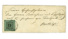 A rare cover franked with an error stamp from the old German state of Baden was auctioned in Germany. The cover was included in the June 8 Heinrich Koehler sale of material from the extensive collection of German-born businessman Erivan Haub. Franked with the 1851 Baden 9-kreuzer black stamp erroneously printed on blue green paper instead of the intended rose paper (Scott 4b), the cover was listed by Koehler with an opening bid of €800,000