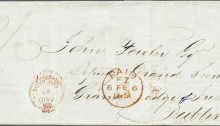 1851 (Jan 11): Cover from Grenada to Dublin, Ireland prepaid with '2/6d.' rate in manuscript, struck with fine "♚ / PAID / AT / GRENADA" handstamp in red. Reverse with double arc 'Grenada' despatch cds (Jan 11) in black and obverse with London 'Paid' cds in red (Feb 6) with Dublin arrival (Feb 7) on reverse. A fine cover