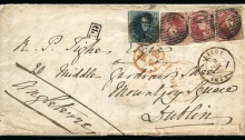 1851 (Sep 3) Letter from Liège, Belgium to Dublin, Medallions (watermark without frame) - franked by 40c Carmine (3) + 20c blue and cancelled by a 73 Liège obliterator