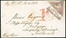 1858 Envelope from Cape Town to Leighlin Bridge, Co Carlow, Ireland, bearing 1858 Cape of Good Hope 6d. deep rose-lilac, clearly tied by triangular obliterator with good to large margins on two sides, cut into along foot, clearly tied by triangular obliterator, showing handstruck "1d" and London Paid transit c.d.s. (25.5) alongside, both in red, with despatch and arrival datestamps on reverse.