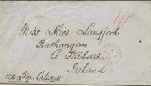1867 (Aug 9): Prepaid cover from Belize to Rathangan, Co. Kildare, Ireland endorsed 'via New Orleans' struck with very fine "BELIZE / PAID" cds in red, with manuscript '1/1d.' in red crayon. Kildare arrival (Aug 30) on reverse in black. Rare so fine.