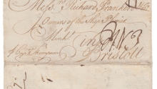 1750 (April 19) - letter sent from Barbados to Bristol p. Capt. Thompson, landed in Ireland and showing the usage of an Irish SHIPP handstamp. The initial charge of 11 included (ld ship rate+ 4d inland single - 6d combined rate) rerated to JN3 (4d London to Bristol, over 80 miles+ 11) and on the reverse a London bishop. The inland Irish rate of 4d would indicate that this handstamp was probably in use at Cork. One of the three usages of the SHIPP handstamp yet recorded.