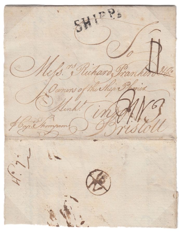 1750 (April 19) - letter sent from Barbados to Bristol p. Capt. Thompson, landed in Ireland and showing the usage of an Irish SHIPP handstamp. The initial charge of 11 included (ld ship rate+ 4d inland single - 6d combined rate) rerated to JN3 (4d London to Bristol, over 80 miles+ 11) and on the reverse a London bishop. The inland Irish rate of 4d would indicate that this handstamp was probably in use at Cork. One of the three usages of the SHIPP handstamp yet recorded.