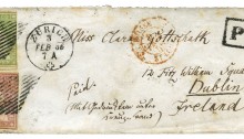1856 envelope from Zurich, Switzerland to Dublin, Ireland with 15Rp carmine pink + 40Rp green, dated ZURICH 3 FEB 56