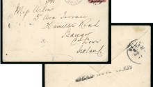 1901 Envelope from the Boer War Camp in St. Helena addressed to Bangor, Co.Down, franked ONE PENNY on 6d tied circular cork cancel with ST.HELENA/JU.3.01 cds and purple censor cachet alongside, with straight-line DEAD WOOD CAMP on the reverse with Belfast transit